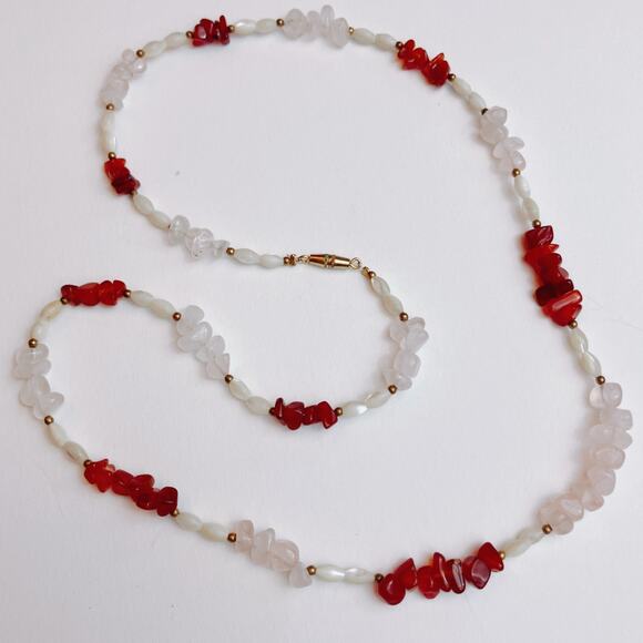Vintage 90s Gemstone Necklace Carnelian Rose Quartz Shell Beaded Boho 24” - Picture 4 of 15